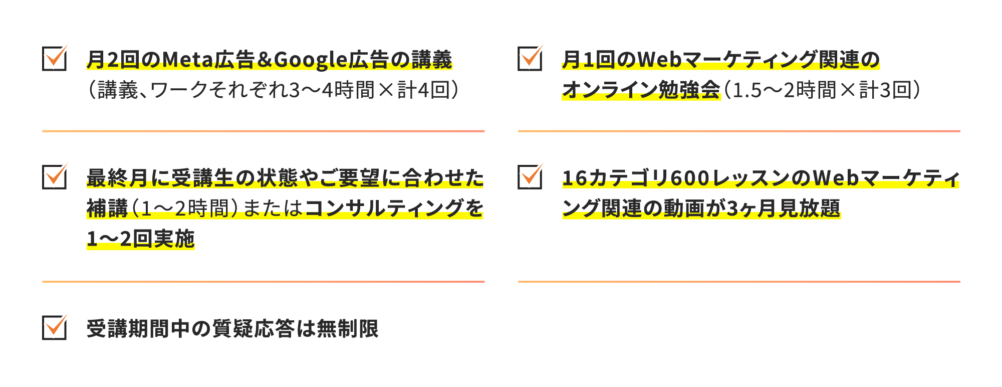 月2回のMeta広告＆Google広告の講義 / 月1回のWebマーケティング関連のオンライン勉強会 / 月1回のWebマーケティング関連のオンラインワーク会 / 最終月に受講生の状態やご要望に合わせた補講（1～2時間）またはコンサルティングを1～2回実施 / 16カテゴリ600レッスンのWebマーケティング関連の動画が3カ月見放題 / 受講期間中の質疑応答は無制限